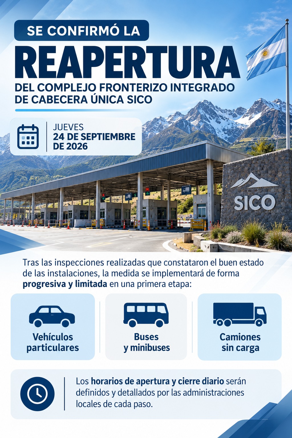 Se confirmó la reapertura del Complejo Fronterizo Integrado de Cabecera Única Sico para este jueves 24 de septiembre de 2026.