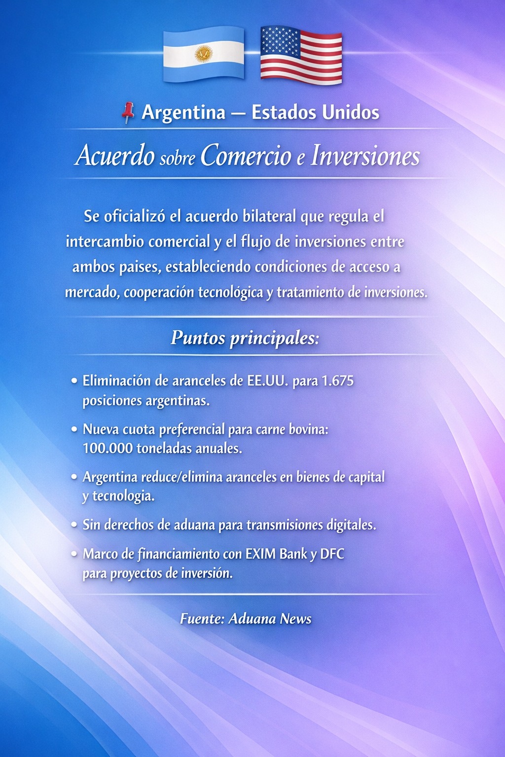 Oficialización del Acuerdo sobre Comercio e Inversiones entre Argentina y Estados Unidos