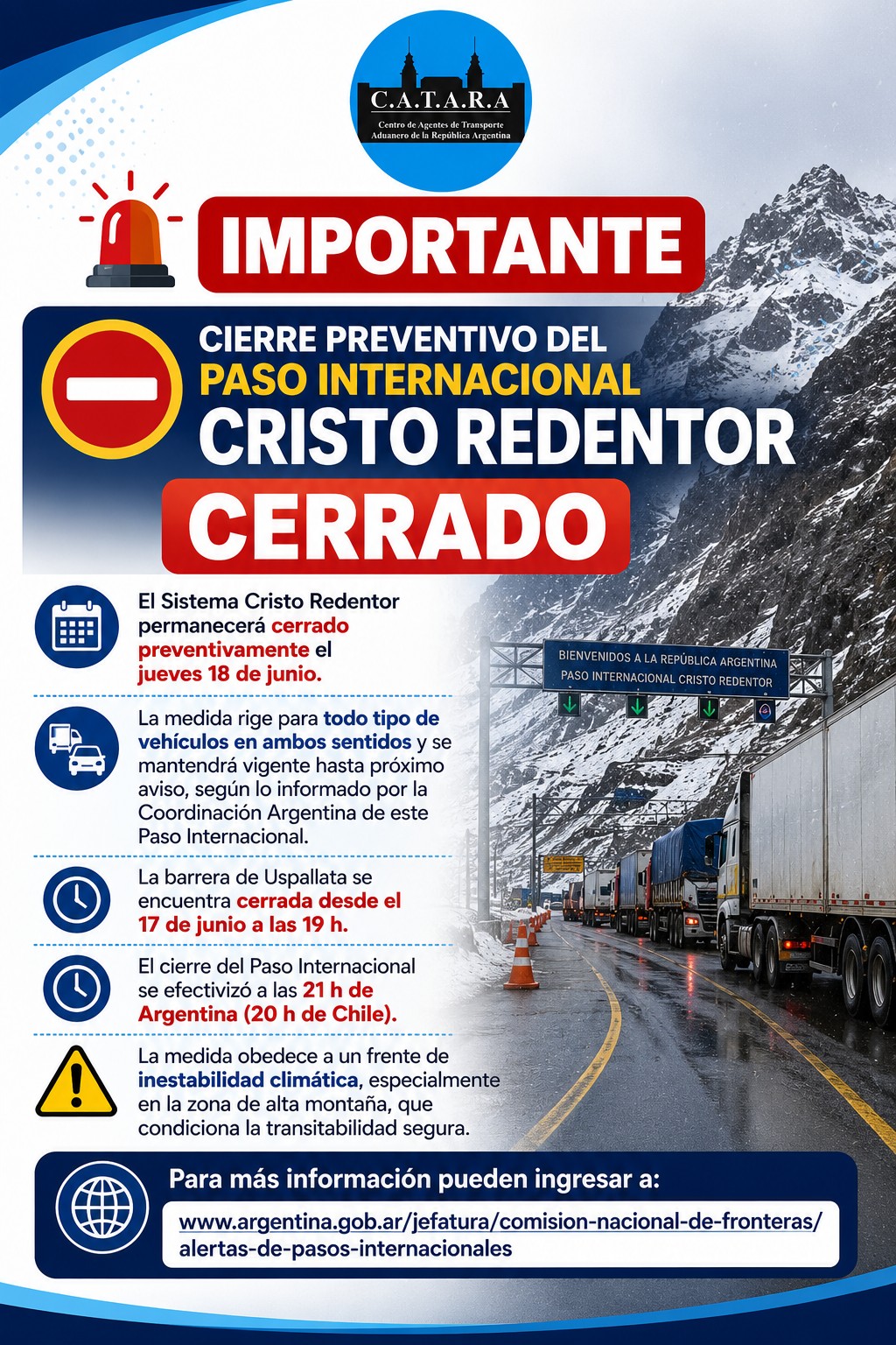 ⛔ Cierre preventivo del Paso Internacional Cristo Redentor